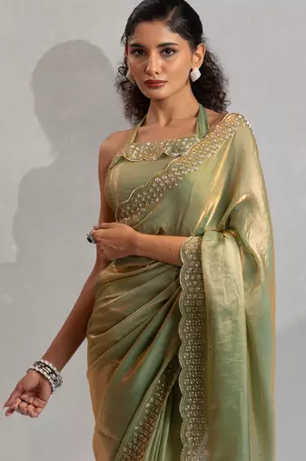 Green cut dana sequin embroidered work two tone silk saree