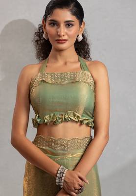 Green cut dana sequin embroidered work two tone silk saree 5