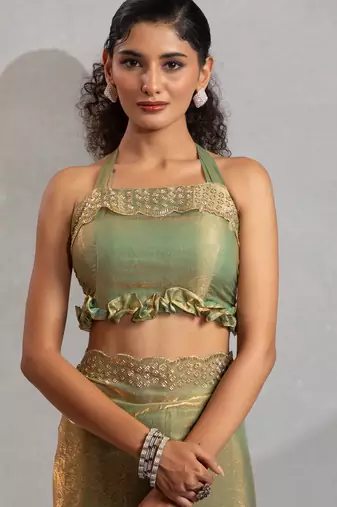 Green cut dana sequin embroidered work two tone silk saree