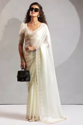 White cut dana sequin embroidered work two tone silk saree