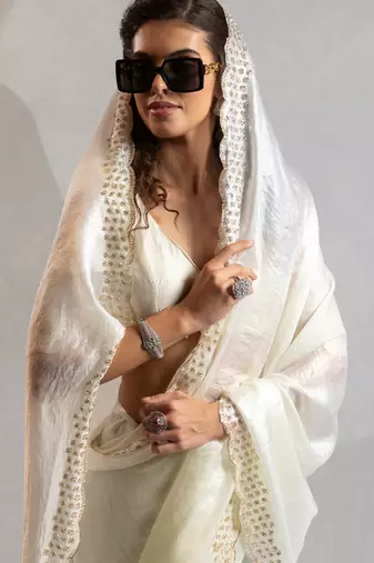 White cut dana sequin embroidered work two tone silk saree