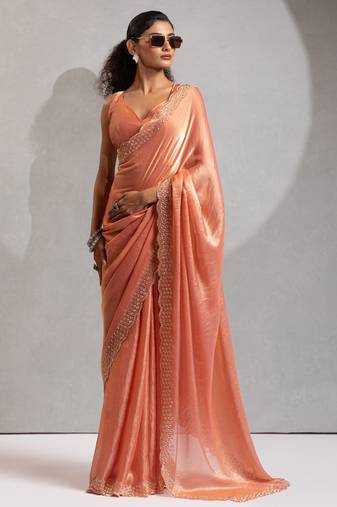 Peach cut dana sequin embroidered work two tone silk saree