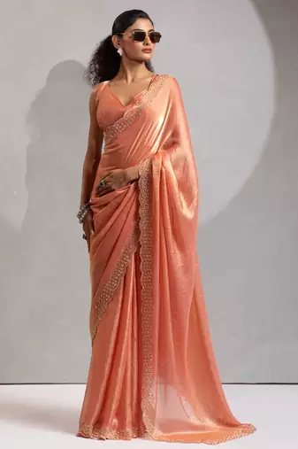 Peach cut dana sequin embroidered work two tone silk saree