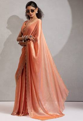 Peach cut dana sequin embroidered work two tone silk saree 2