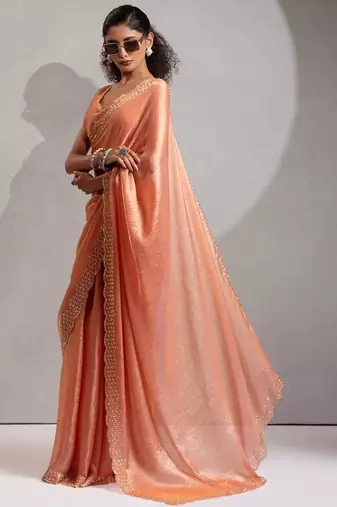 Peach cut dana sequin embroidered work two tone silk saree