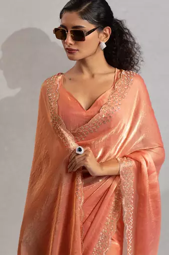 Peach cut dana sequin embroidered work two tone silk saree