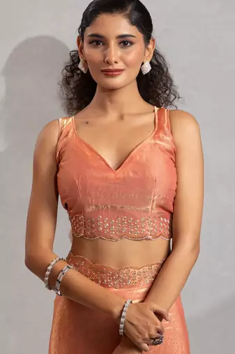 Peach cut dana sequin embroidered work two tone silk saree