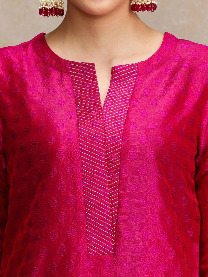 Women pink zari work textured kurta with trouser and printed dupatta