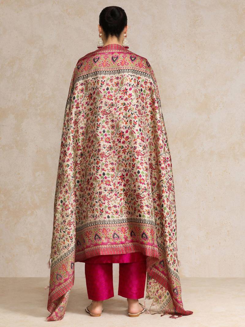 Women pink zari work textured kurta with trouser and printed dupatta