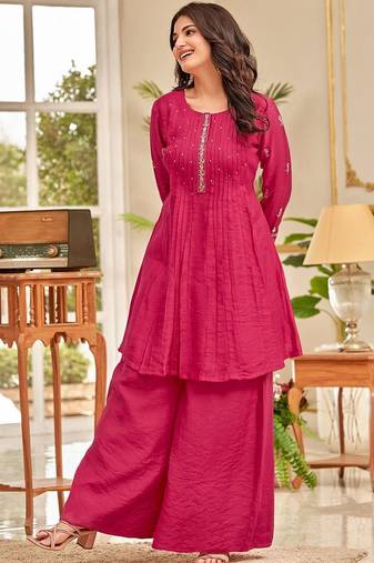 Floral embroidered thread work chanderi cotton a-line kurta with palazzos