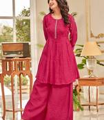 Floral embroidered thread work chanderi cotton a-line kurta with palazzos