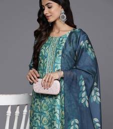 Sea green floral printed hand work kurta with trousers & dupatta
