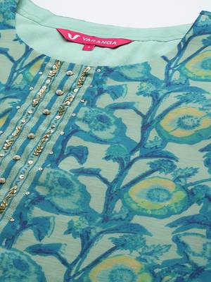 Sea green floral printed hand work kurta with trousers & dupatta 3