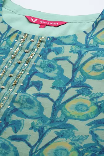 Sea green floral printed hand work kurta with trousers & dupatta