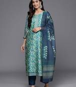 Sea green floral printed hand work kurta with trousers & dupatta