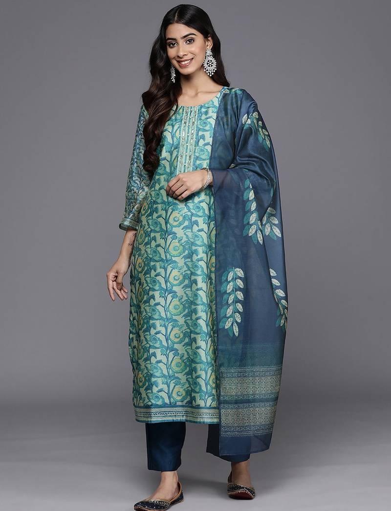 Sea green floral printed hand work kurta with trousers & dupatta