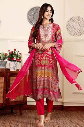 Ethnic motifs printed gotta patti chanderi silk kurta with trousers and dupatta