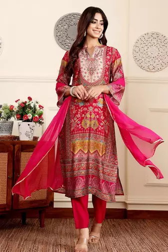 Ethnic motifs printed gotta patti chanderi silk kurta with trousers and dupatta