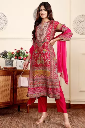 Ethnic motifs printed gotta patti chanderi silk kurta with trousers and dupatta