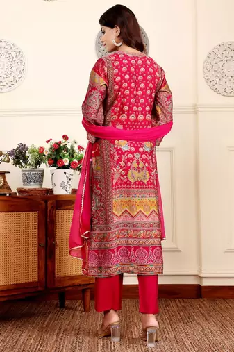 Ethnic motifs printed gotta patti chanderi silk kurta with trousers and dupatta
