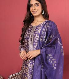Purple floral printed beads and stones chanderi silk kurta with trousers & dupatta
