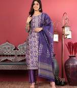 Purple floral printed beads and stones chanderi silk kurta with trousers & dupatta