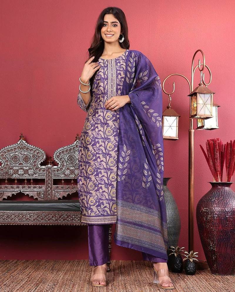 Purple floral printed beads and stones chanderi silk kurta with trousers & dupatta