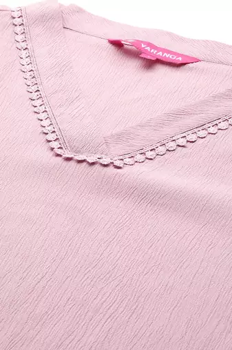 Pink flared sleeve organza detailed solid kurta & palazzo