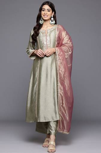 Floral yoke design sequinned panelled anarkali kurta with palazzo & dupatta