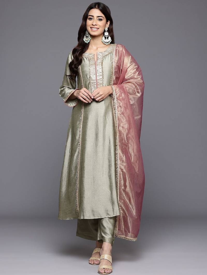 Floral yoke design sequinned panelled anarkali kurta with palazzo & dupatta
