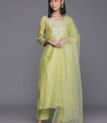 Floral embroidered regular chanderi silk kurta with trousers & dupatta