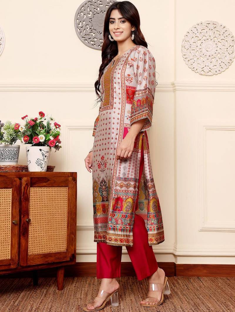 Ethnic motifs printed gotta patti notch neck chanderi silk kurta with trousers
