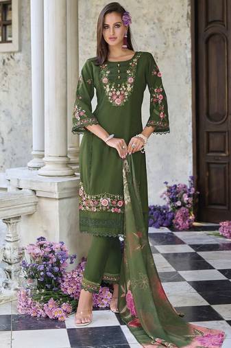 Floral embroidered thread work pure cotton straight kurta with trouser and dupatta