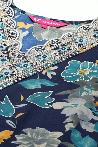 Floral printed zari embroidered kurta with trouser & dupatta