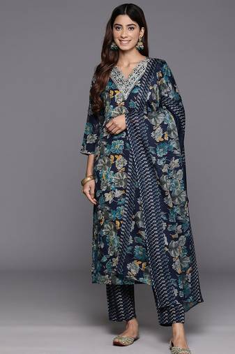 Floral printed zari embroidered kurta with trouser & dupatta