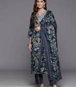 Floral printed zari embroidered kurta with trouser & dupatta