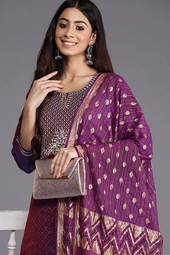 Purple geometric woven design thread work jacquard kurta with trousers & dupatta