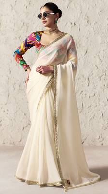 Off white embroidery work fancy fabric saree with blouse 1