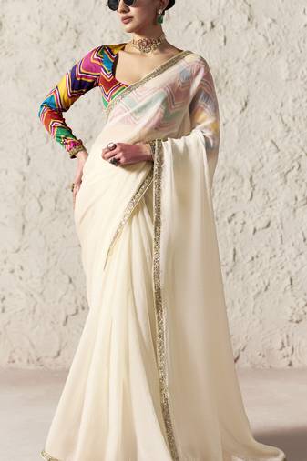 Off white embroidery work fancy fabric saree with blouse