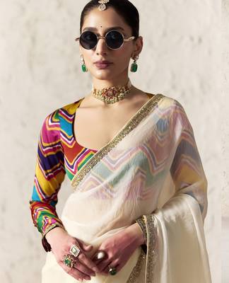 Off white embroidery work fancy fabric saree with blouse 2