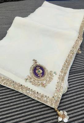 Off white embroidery work fancy fabric saree with blouse 3