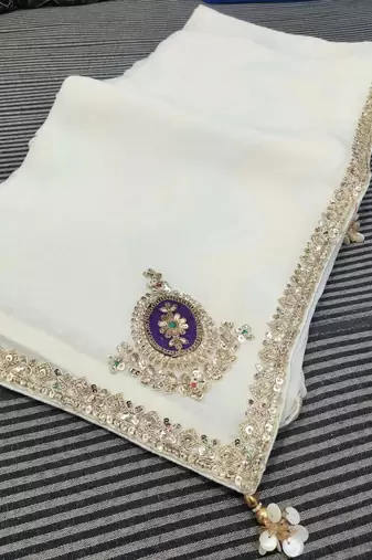 Off white embroidery work fancy fabric saree with blouse