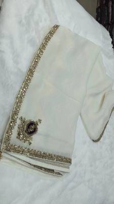 Off white embroidery work fancy fabric saree with blouse 4
