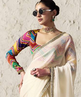 Off white embroidery work fancy fabric saree with blouse 5