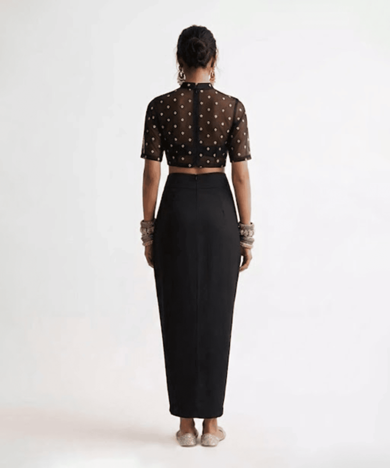 Black embroidered silk co ord set