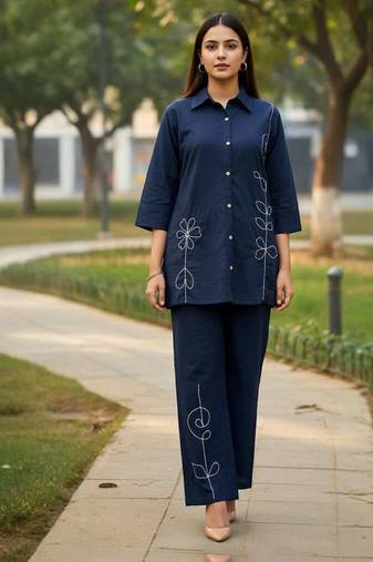 Navy blue embroidered cotton co-ord set for women