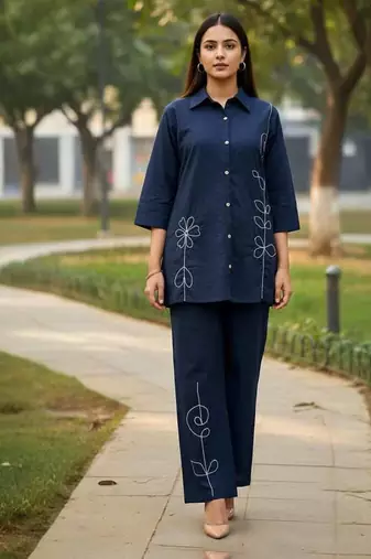 Navy blue embroidered cotton co-ord set for women