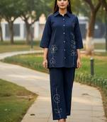 Navy blue embroidered cotton co-ord set for women