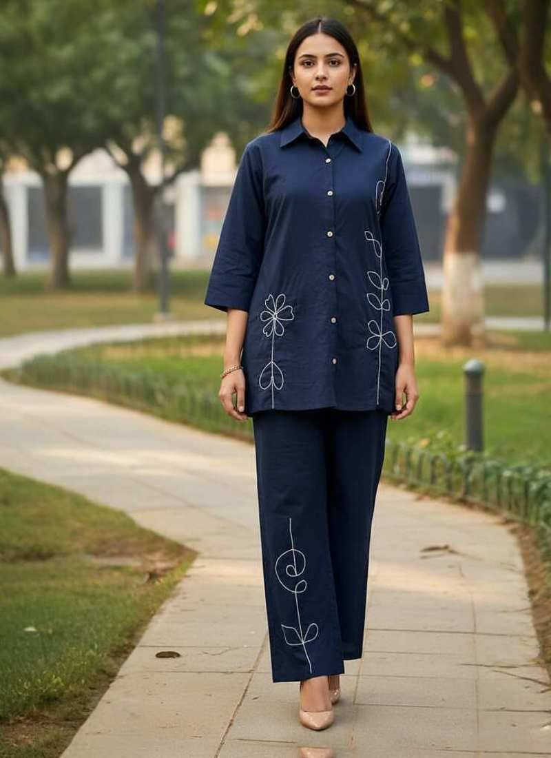 Navy blue embroidered cotton co-ord set for women