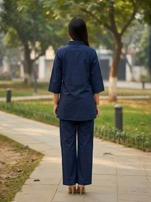 Navy blue embroidered cotton co-ord set for women 2